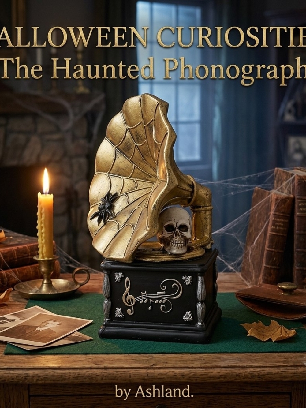 NWT Ashland Halloween Skull Tabletop Decor Spooky Spider Web Phonograph - Picture 5 of 9